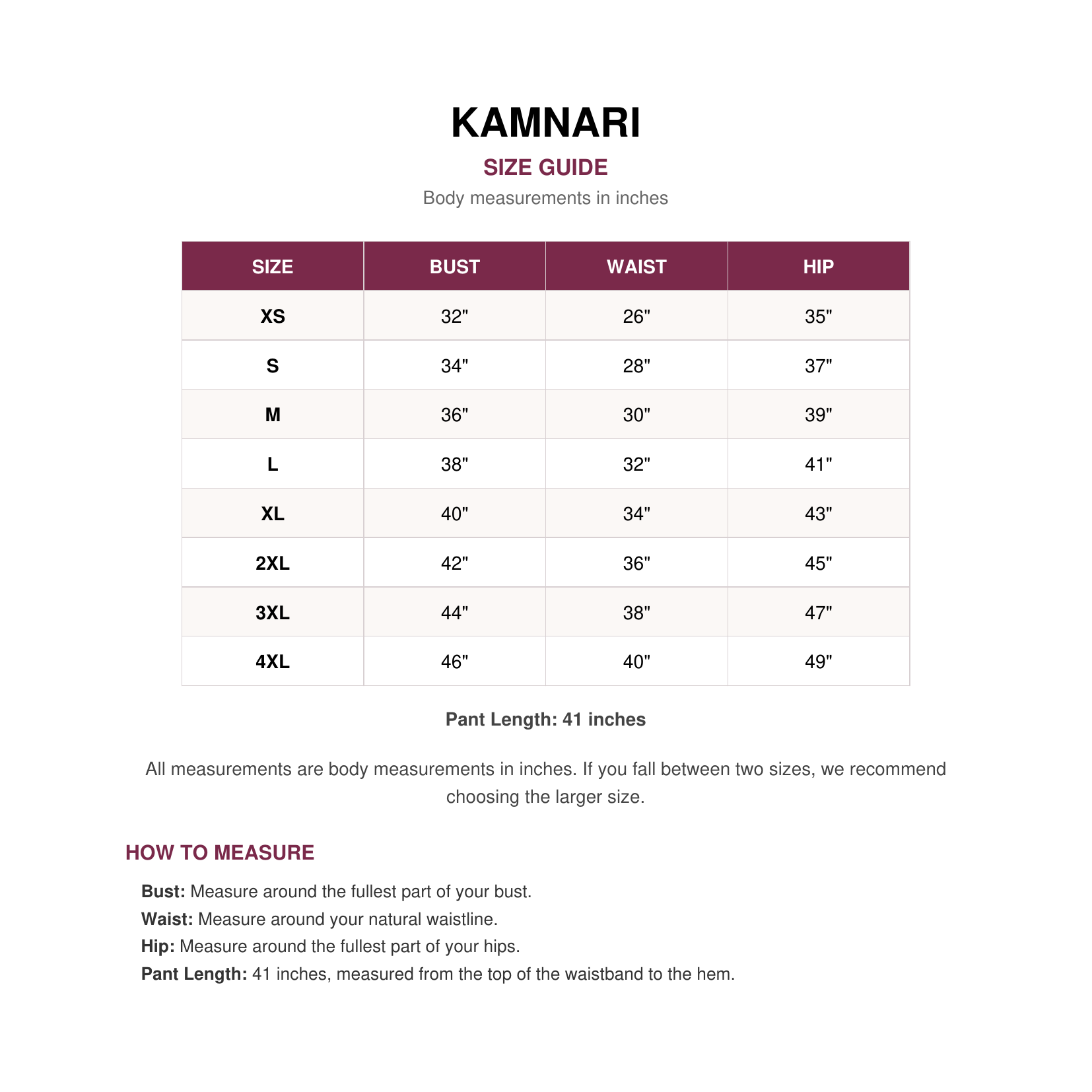 Size chart